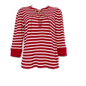 Lauren Ralph Lauren RED stripe 3/4 sleeve lace up front top waffle fabric size M